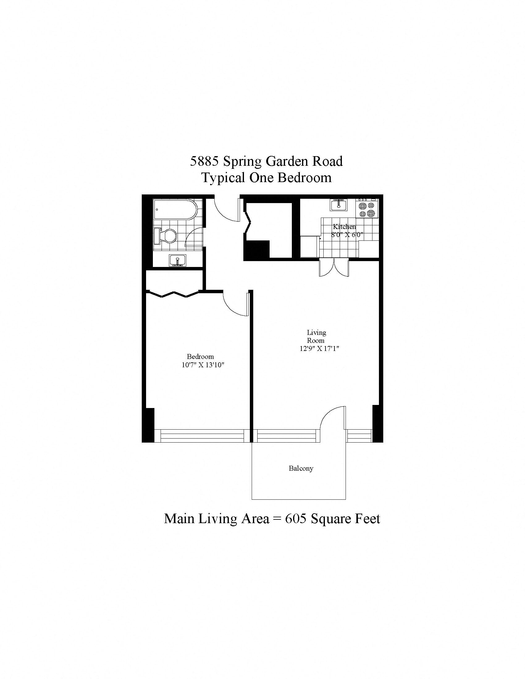 Floor plan for 1 bed, 1 bath, 605 sqft